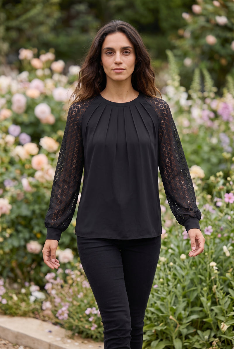 Black Lace Long Sleeve Top with Pleated Front – photo 3