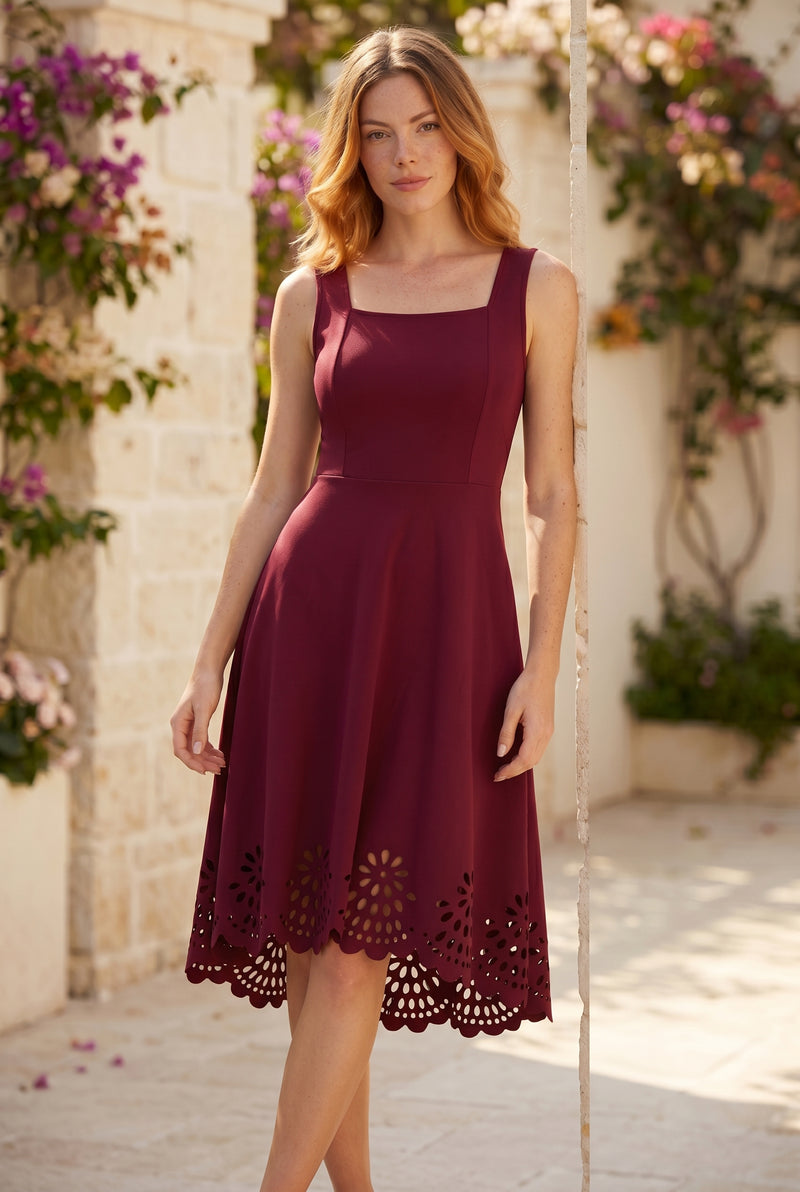 Square Neck A Line Midi Dress with Laser Cut Hem in red – photo 4