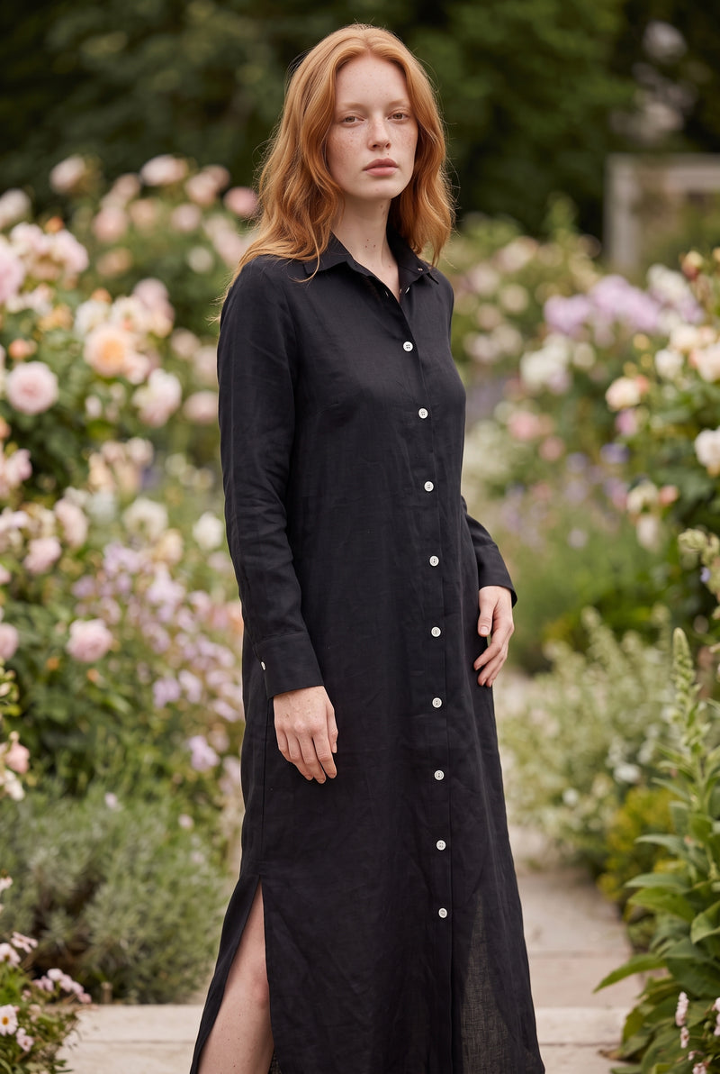 Long Sleeve Buttoned Maxi Shirt Dress with Side Slits in black – photo 4