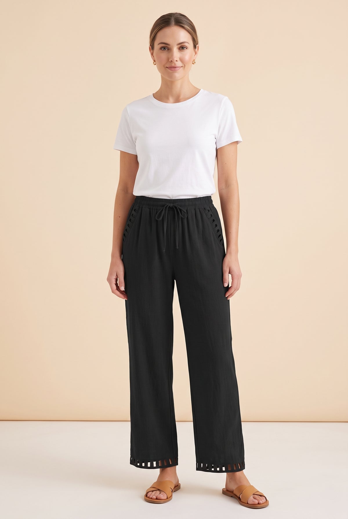 Black Elasticated Waist Linen Trousers with Lace Hem