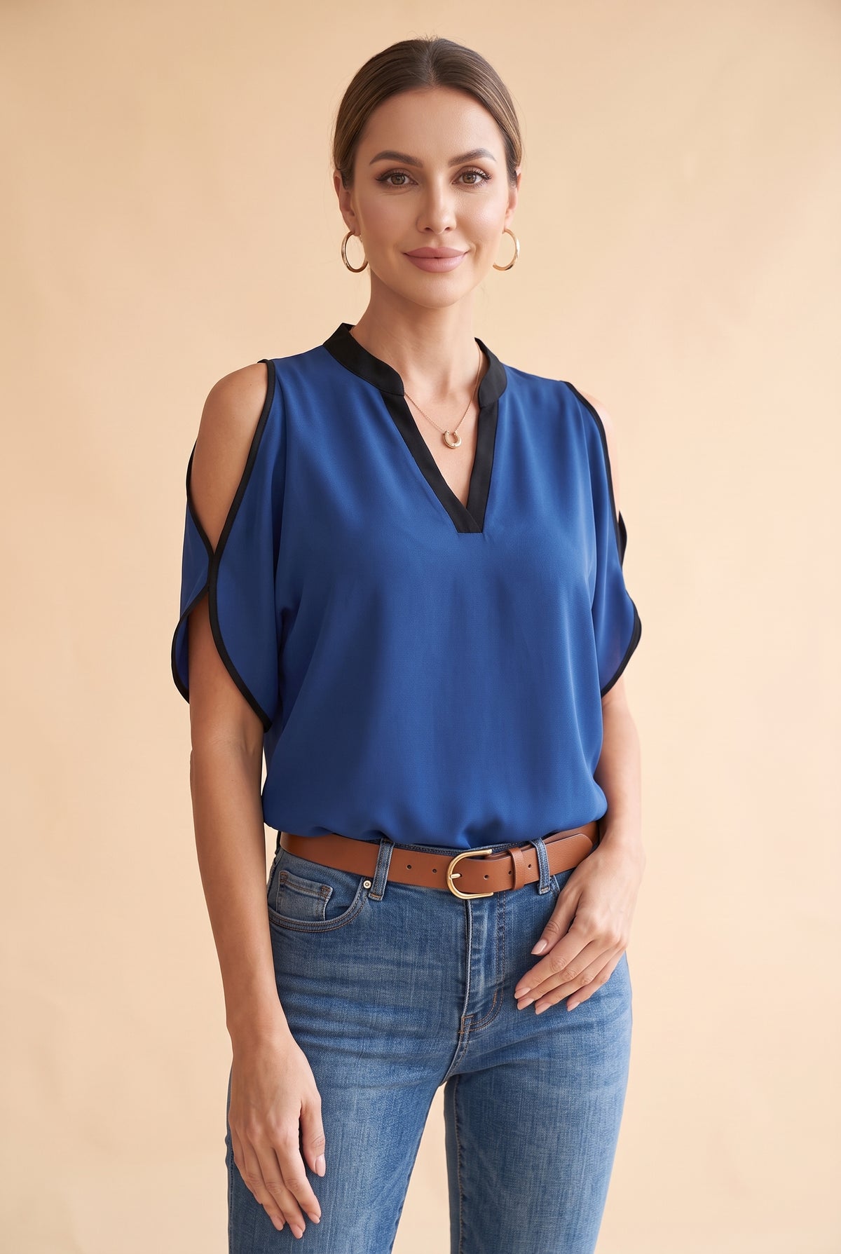 Short Sleeve V Neck Crepe Top with Cutouts in navy – photo 5