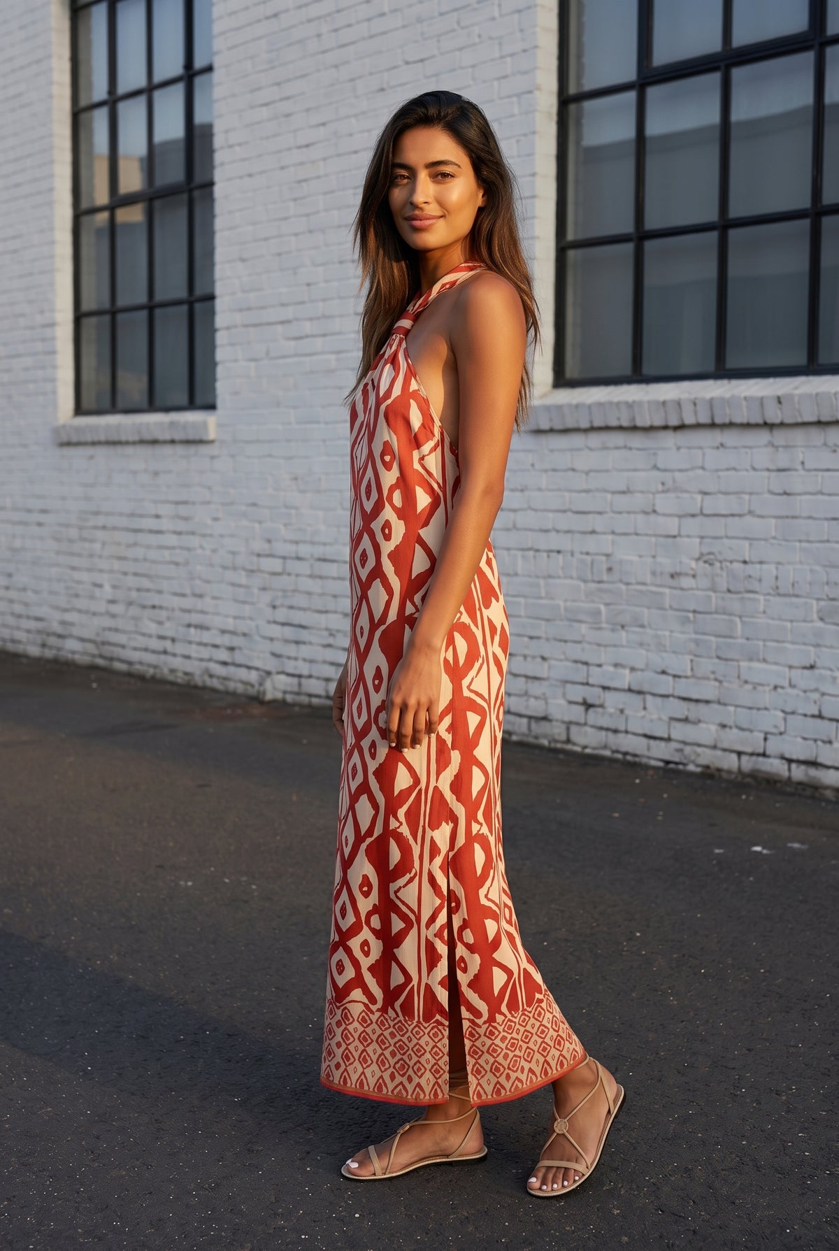 Geometric Print Halter Neck Maxi Dress in orange – photo 4