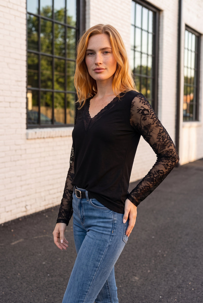 Black Lace Long Sleeve Top with V-Neck – photo 4