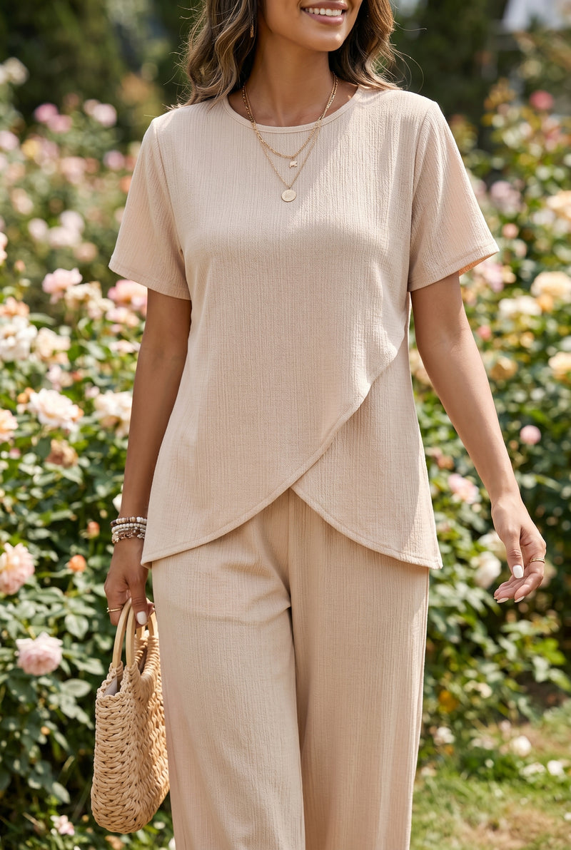 Short Sleeve Asymmetric Muslin Co-ord Set in beige – photo 4