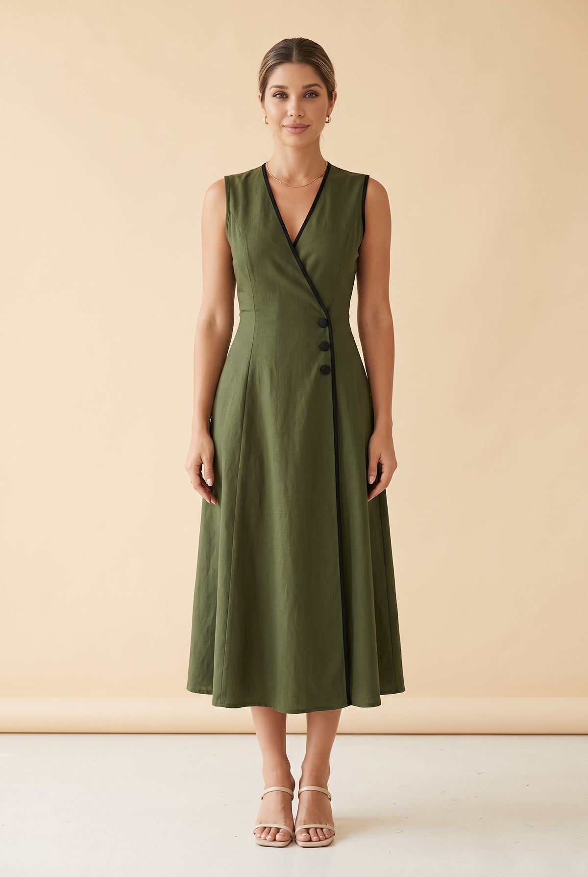 Sleeveless Linen Wrap Midi Dress with Contrast Piping in green