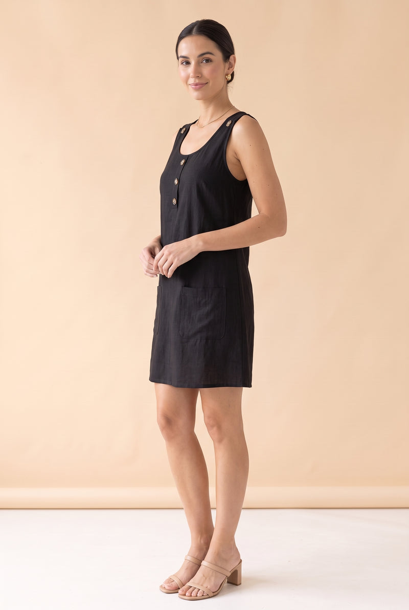 Sleeveless Round Neck Linen Mini Dress with Buttons in black – photo 2