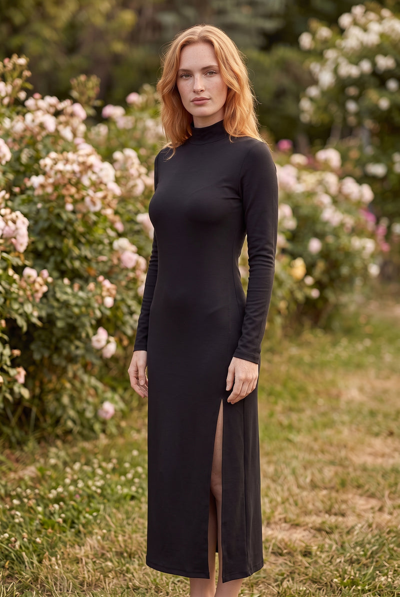 Long Sleeve Turtleneck Modal Midi Dress with Slit in black – photo 4