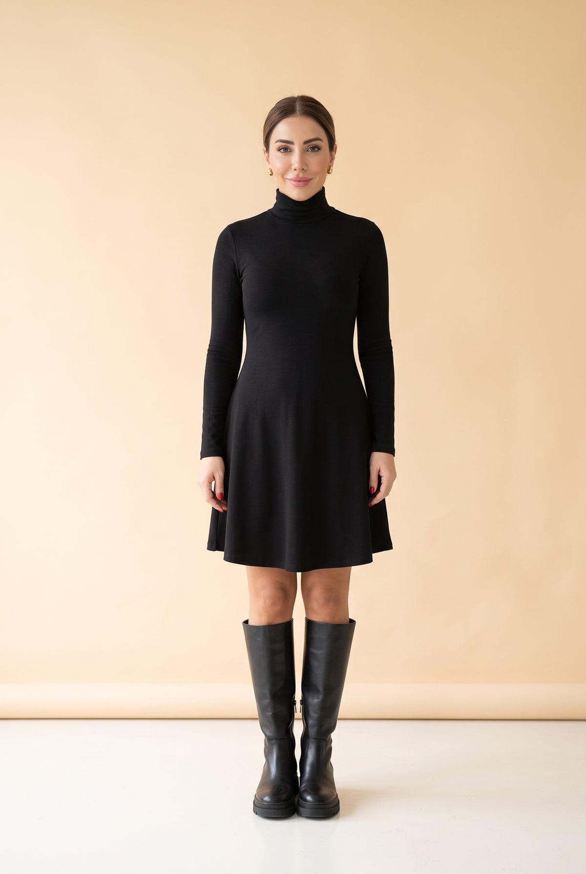 Long Sleeve Turtleneck A-Line Mini Dress in black