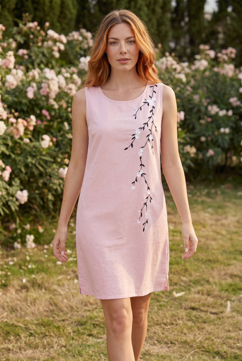 Linen Sleeveless Short Dress with Floral Embroidery in powder – photo 5