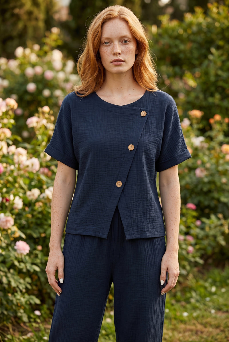 Asymmetric Short Sleeve Muslin Co-ord Set in black – photo 5