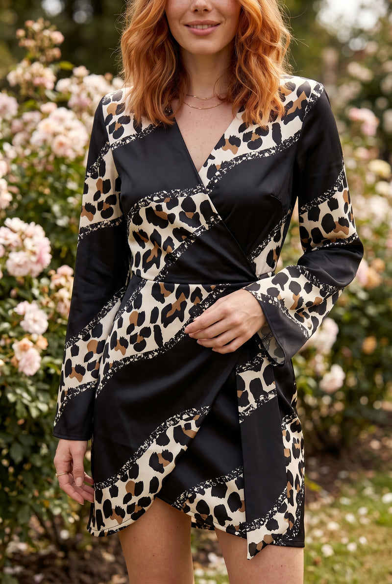 Black Leopard Print Long Sleeve Wrap Mini Dress – photo 2