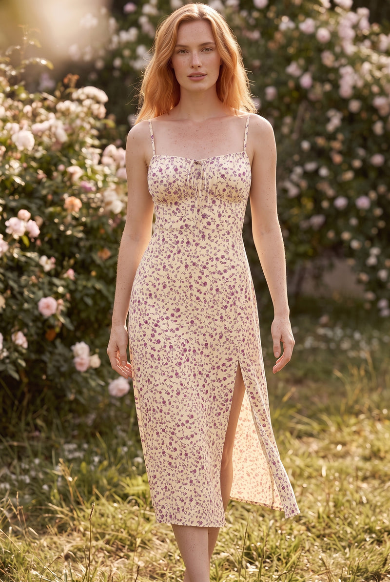 White Floral Midi Dress with Slit – photo 3
