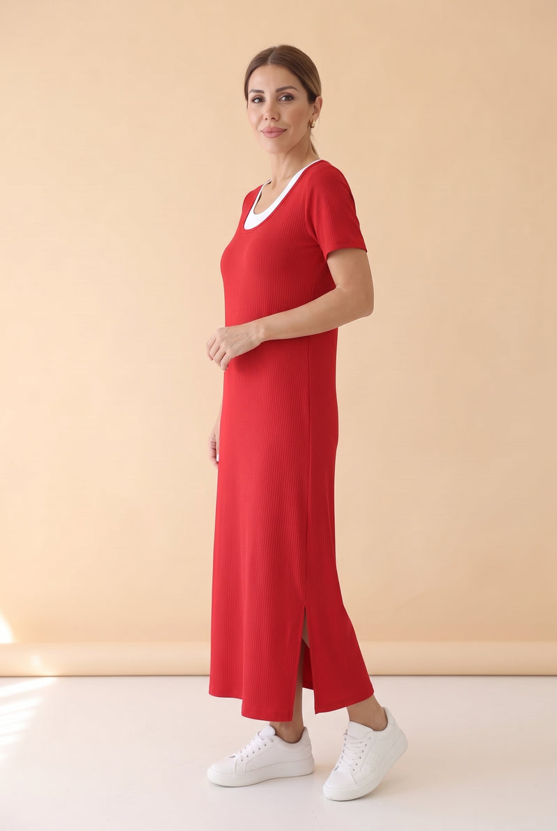 Short Sleeve Viscose Long Dress with Slit in red – photo 3