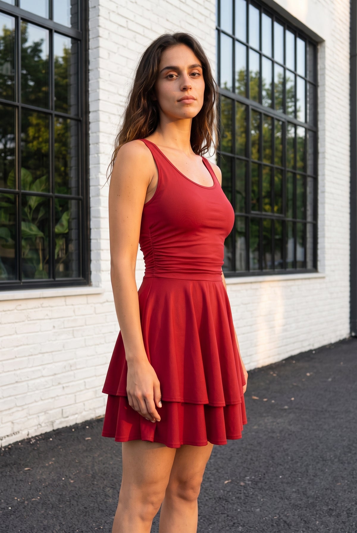 Ärmelloses Minikleid mit Rundhalsausschnitt und Stufenrock in Rot – Foto 4
