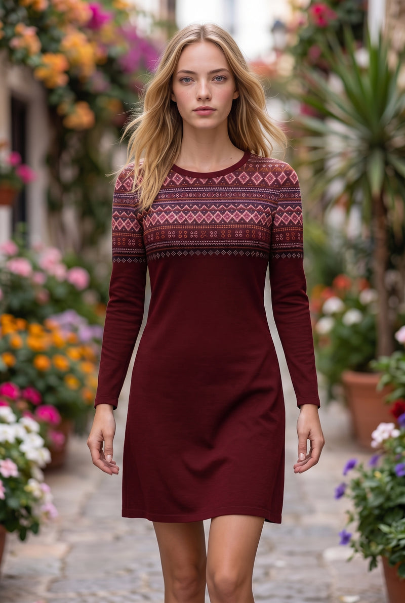 Bordeauxrotes Langarm Minikleid mit Ethno-Muster in Bordeaux – Foto 3
