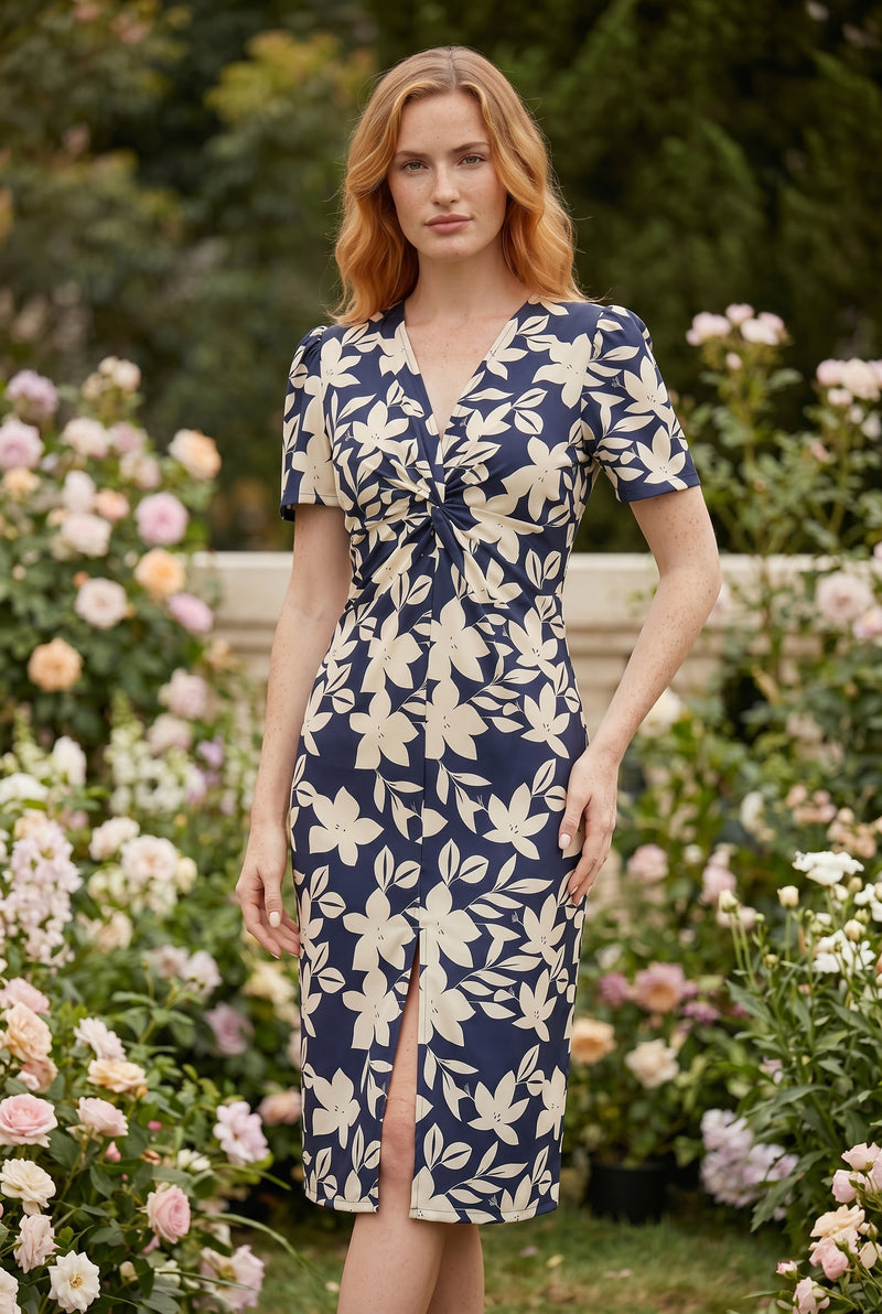 Floral Short Sleeve V-Neck Satin Midi Dress in patterned – photo 4