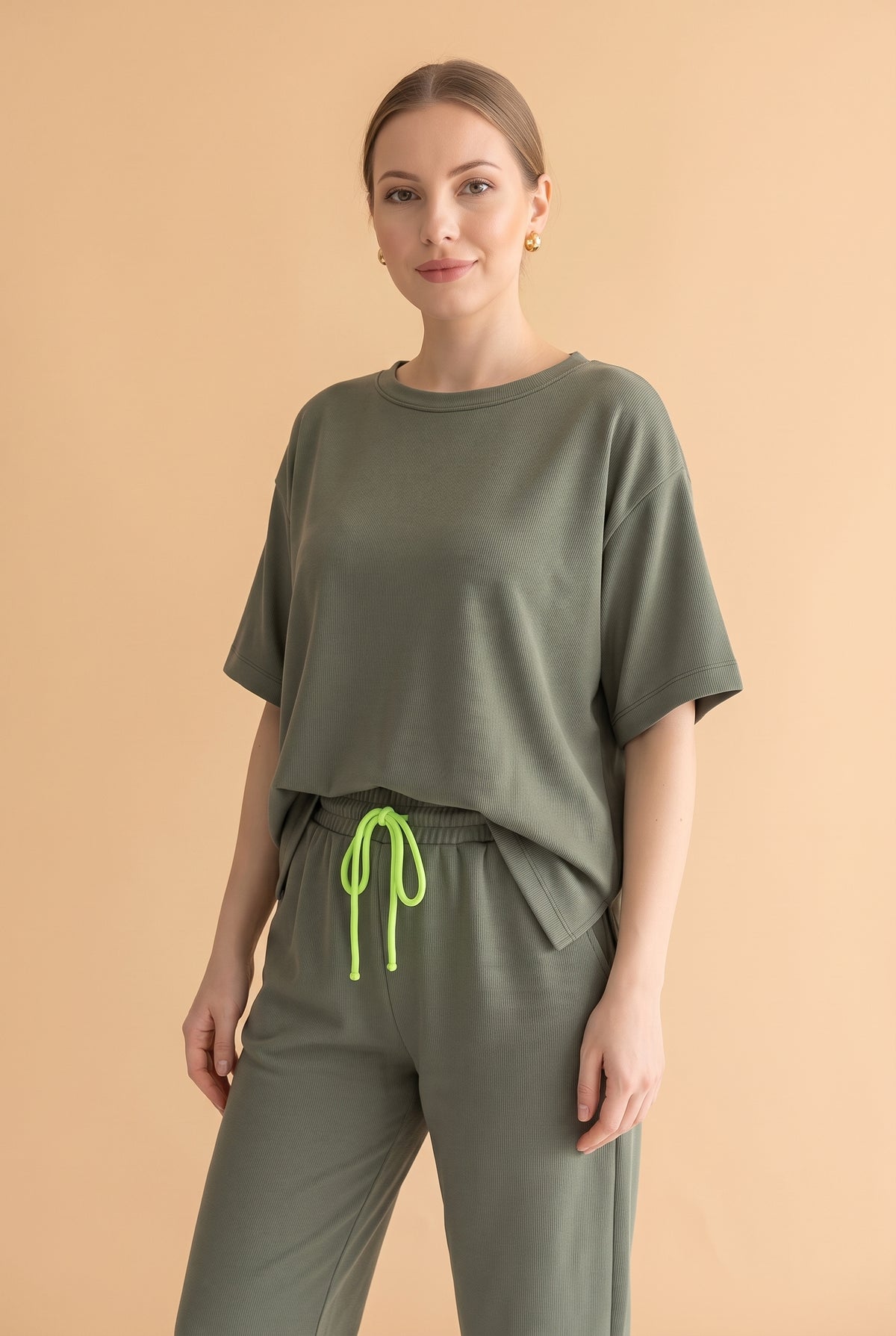 Short Sleeve Crew Neck Viscose Co-ord Set in khaki – photo 5