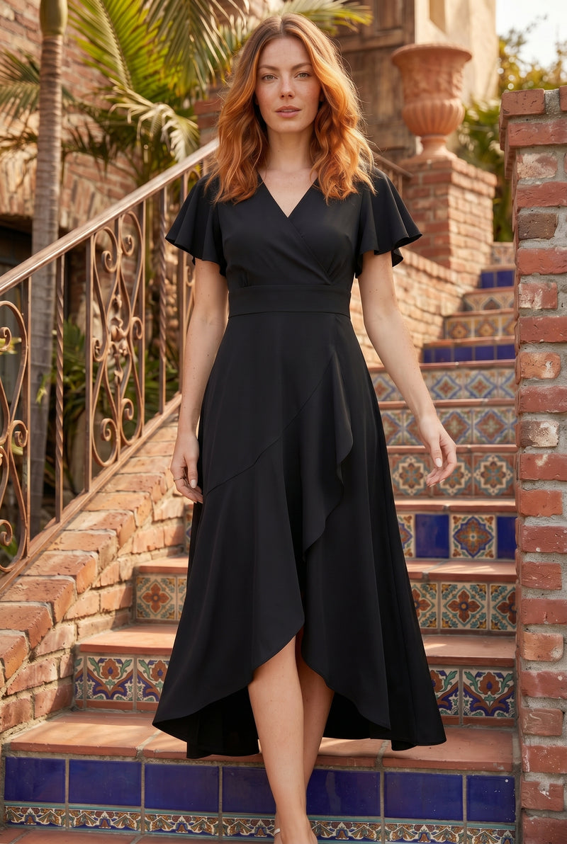 Asymmetric Wrap Crepe Maxi Dress with Short Sleeves in black – photo 4