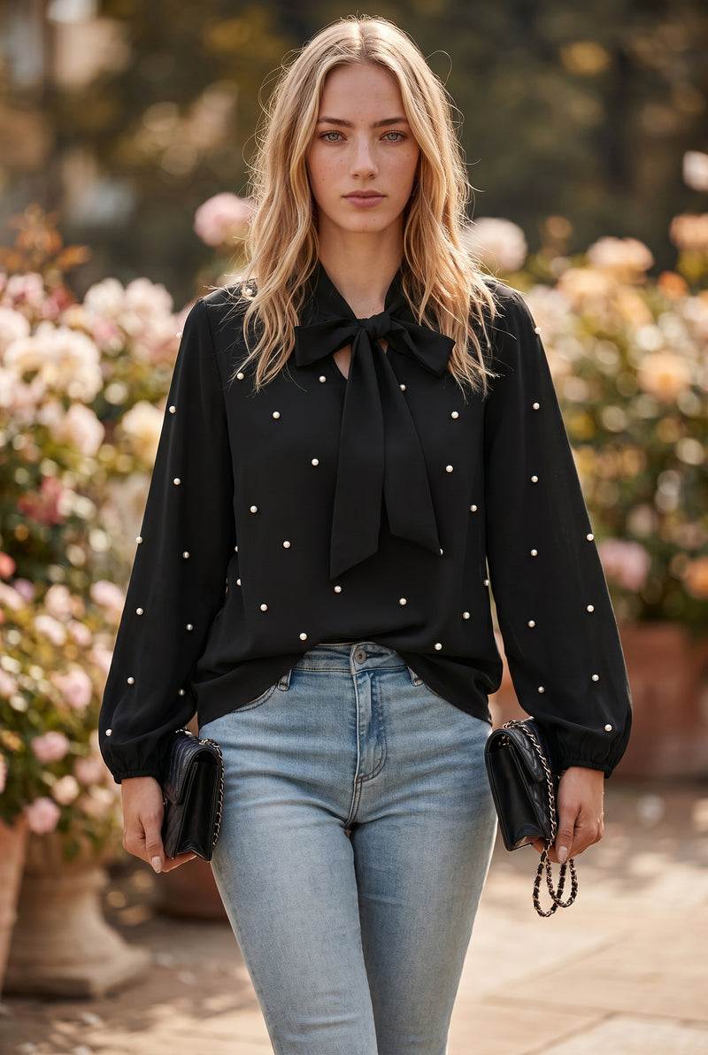 Black Long Sleeve Top with Pearl Details – photo 4