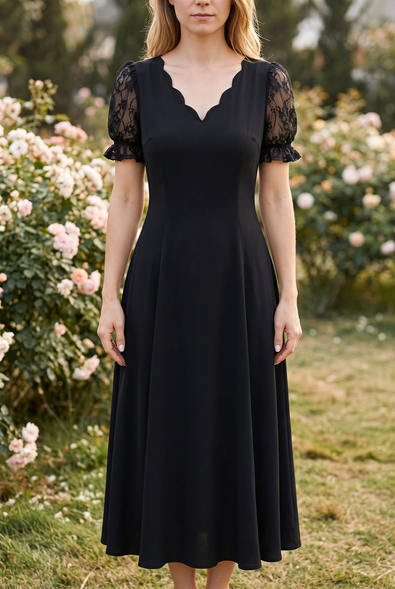 Schwarzes Midikleid mit kurzen Spitzenärmeln – Foto 5