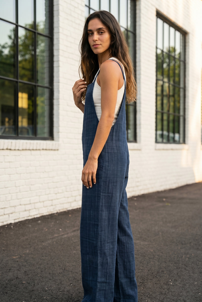 Wide Leg Strappy Linen Blend Jumpsuit in blue – photo 2