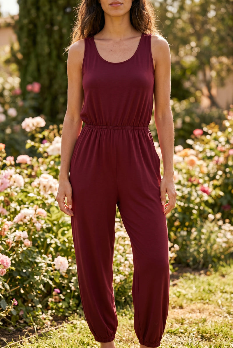 Strappy Round Neck Viscose Jumpsuit in burgundy – photo 5