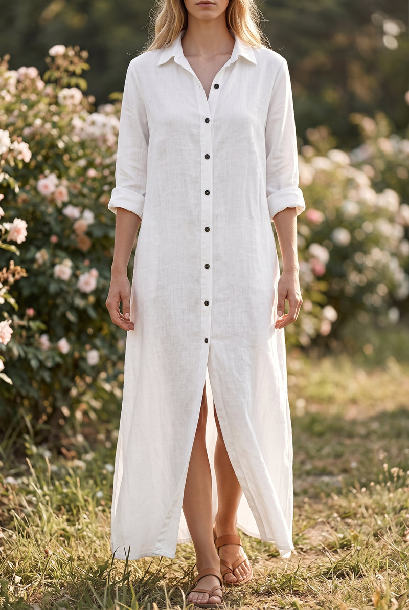 Long Sleeve Linen Maxi Dress with Button Front in white – photo 5