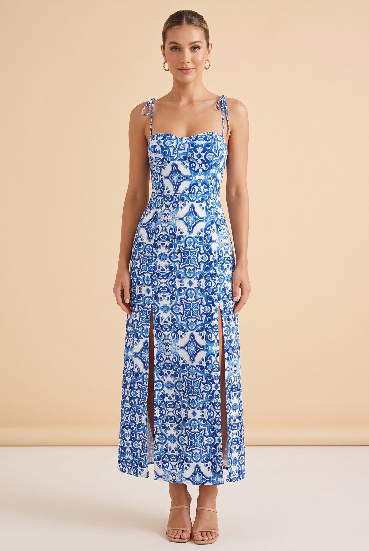 Blue Patterned Strappy Midi Dress with Slit