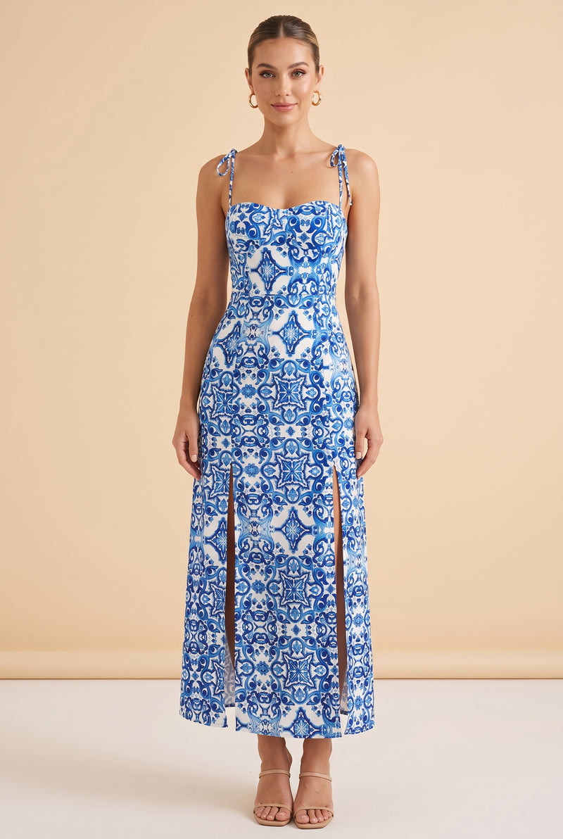 Blue Patterned Strappy Midi Dress with Slit