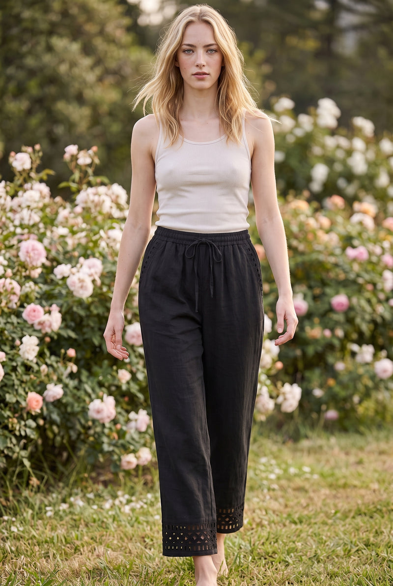 Black Elasticated Waist Linen Trousers with Lace Hem – photo 3