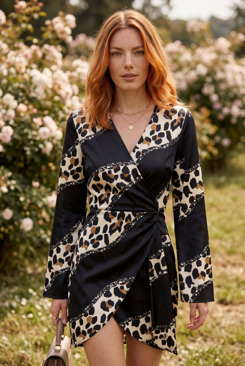 Black Leopard Print Long Sleeve Wrap Mini Dress – photo 3
