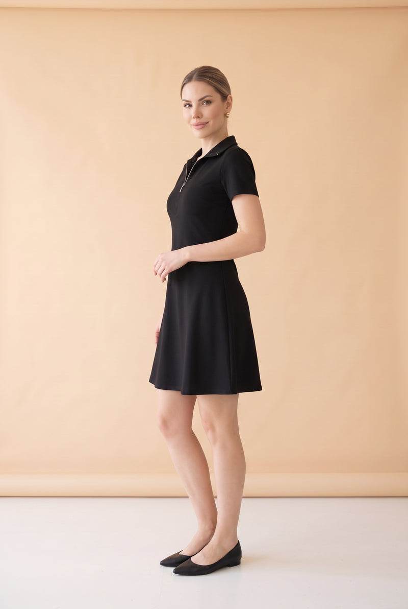Short Sleeve Zip Front A Line Mini Dress in black – photo 2