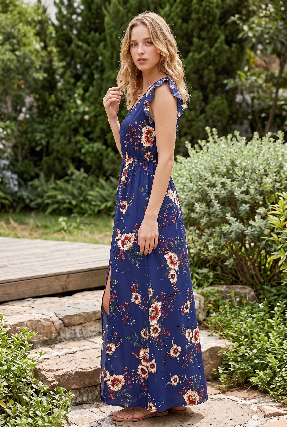 Navy Floral Maxi Dress with Ruffle Sleeves and Slit – photo 2