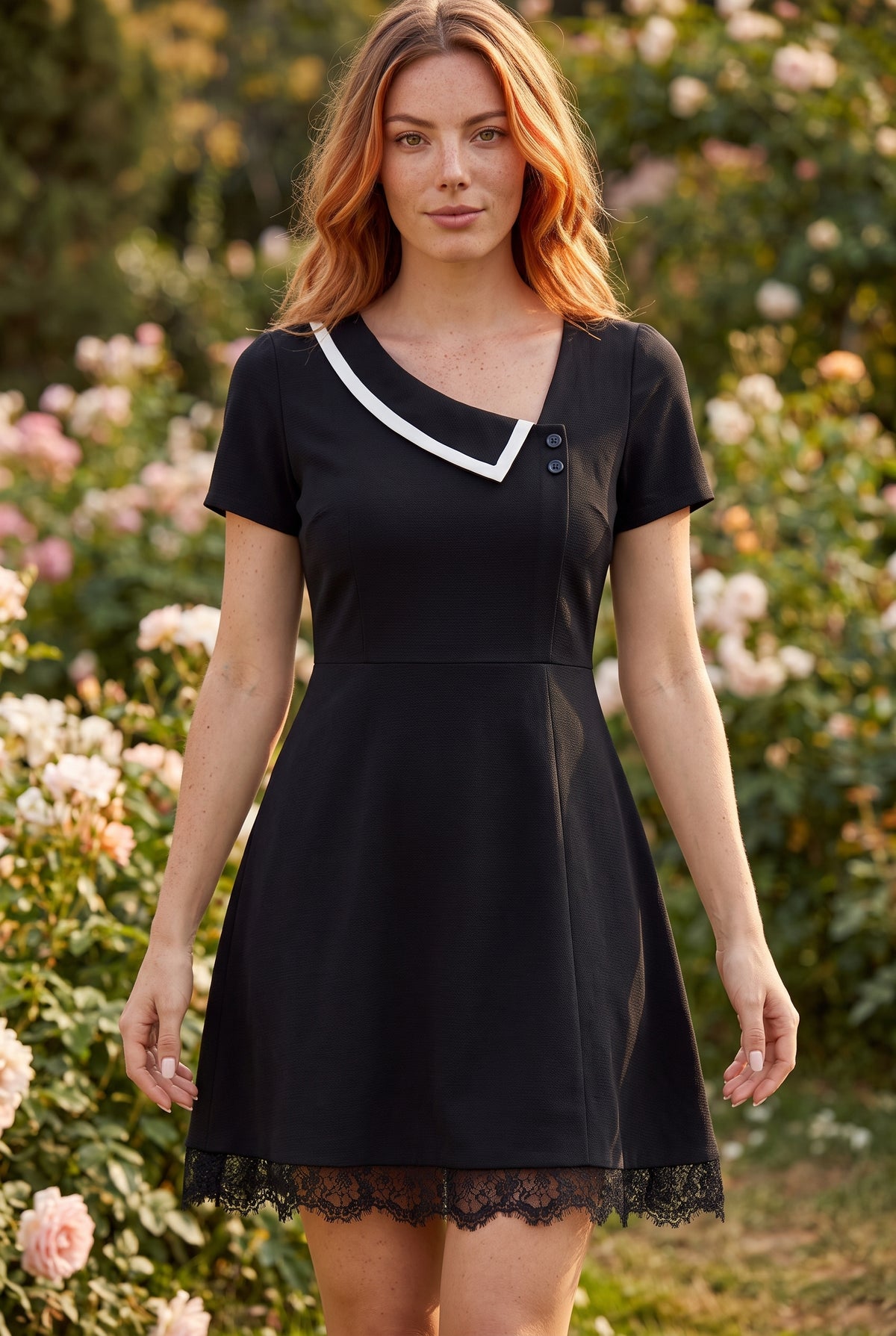 Schwarzes Minikleid mit asymmetrischem Ausschnitt und Spitze – Foto 5