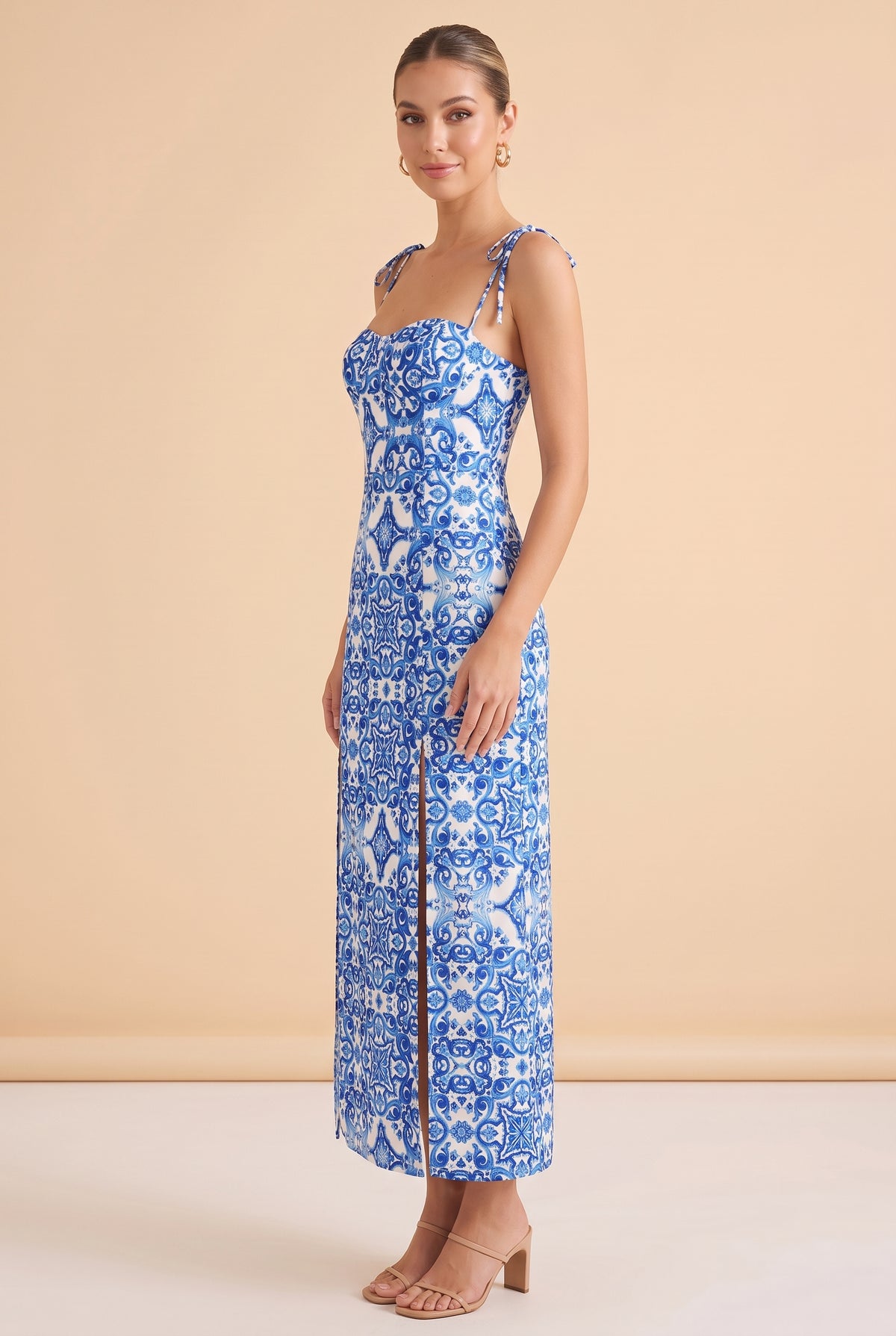 Blue Patterned Strappy Midi Dress with Slit – photo 3