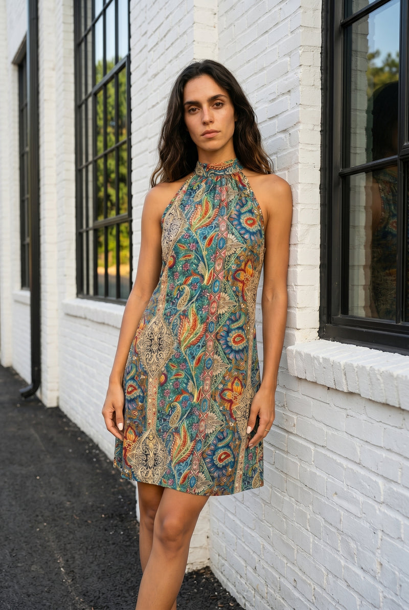 Robe courte dos nu à motifs en coton, coloris imprimé – photo 4