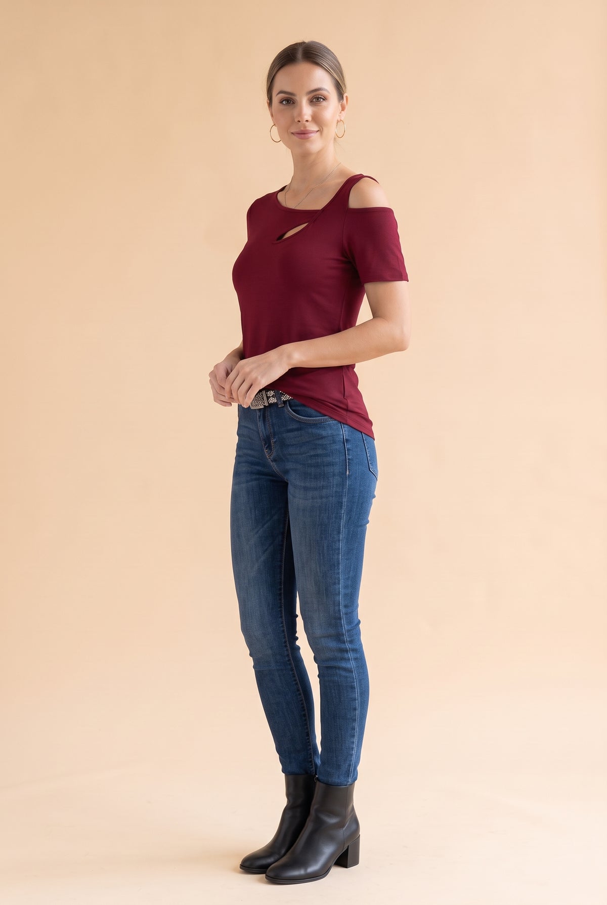 Short Sleeve Asymmetric Top with Cut-Outs in burgundy – photo 2