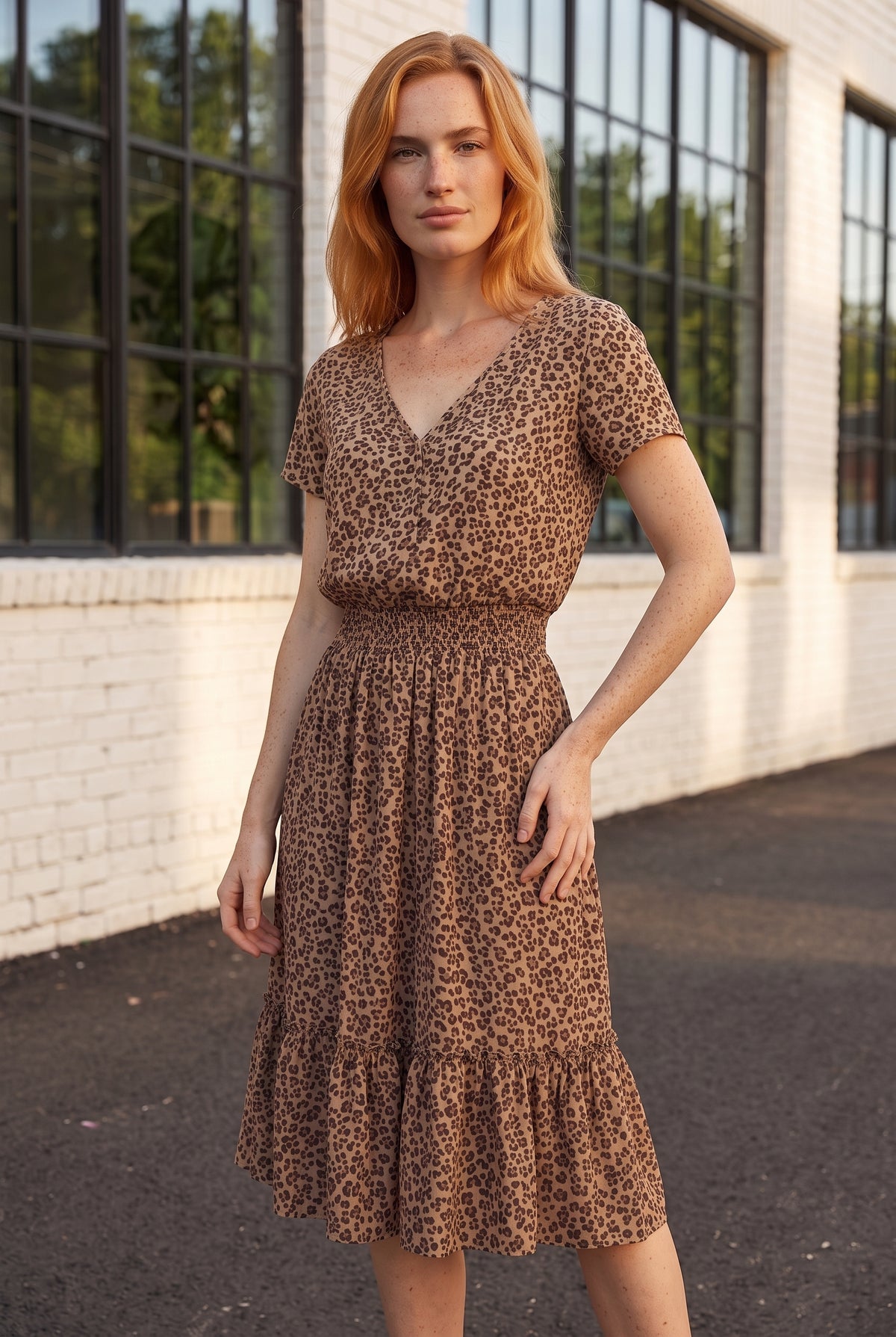Leopard Print V-Neck Midi Dress with Short Sleeves – photo 4