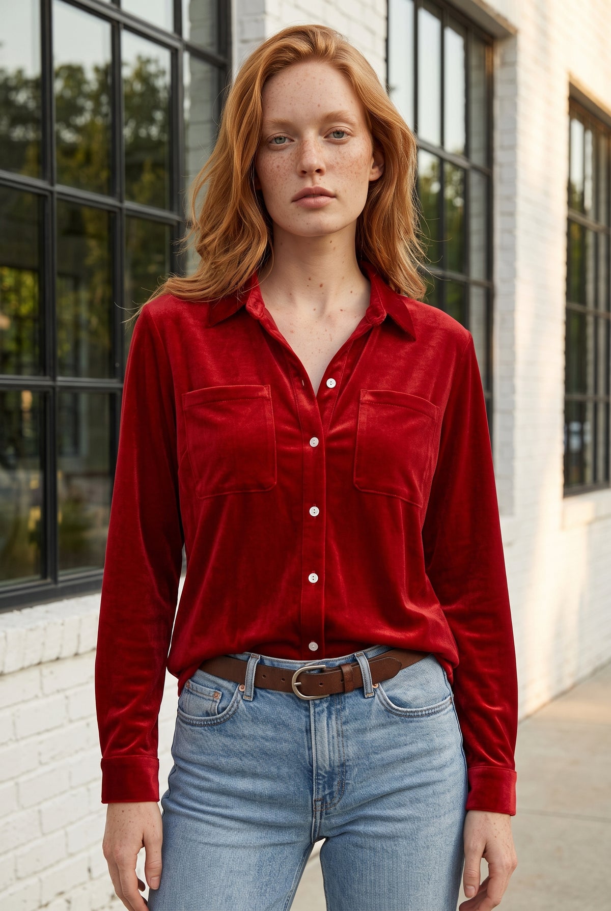Red Long Sleeve Velvet Shirt with Pockets – photo 5