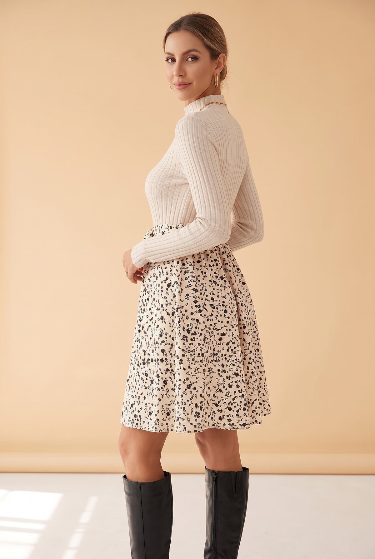 Beige Long Sleeve Mini Dress with Floral Skirt – photo 2