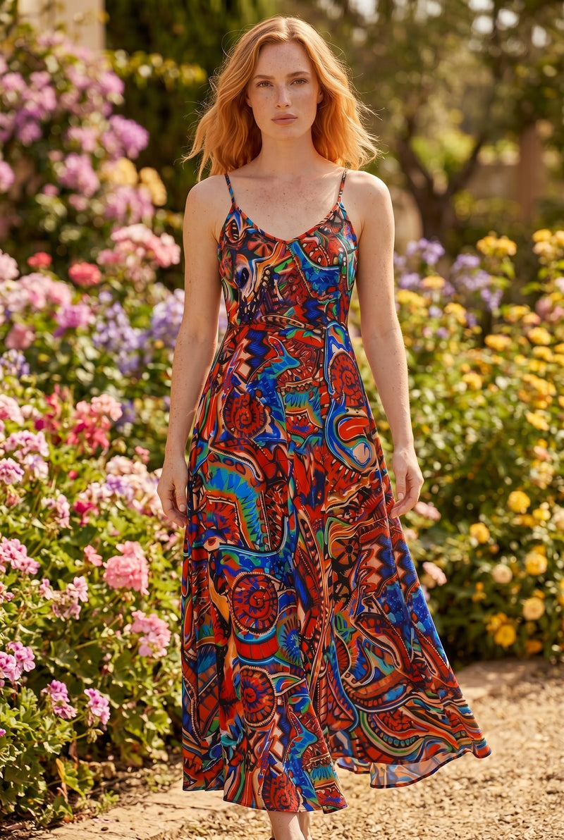 Abstract Print Strappy V-Neck Midi Dress in patterned – photo 3