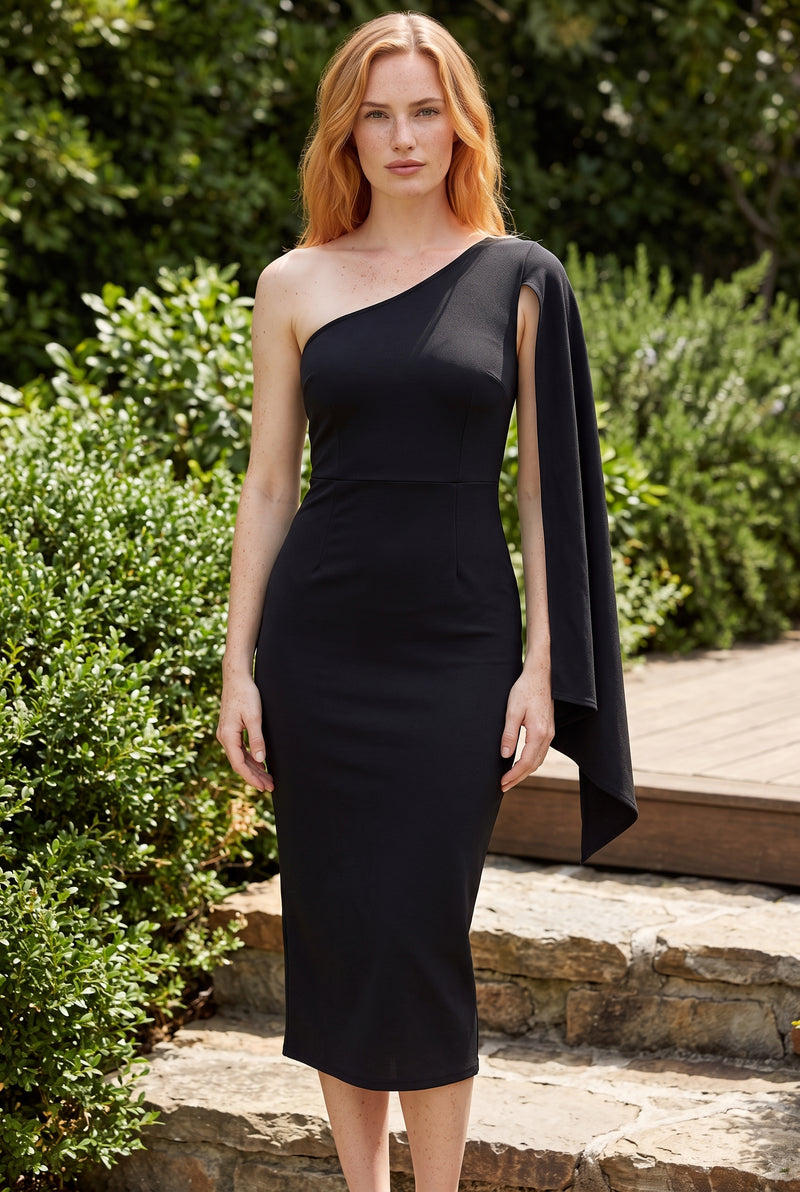 One-Shoulder-Midikleid aus Krepp mit Cape-Ärmel in Schwarz – Foto 5
