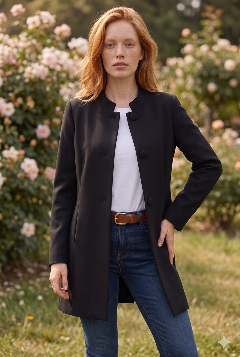 Black Buttoned Coat with Stand Collar – photo 4