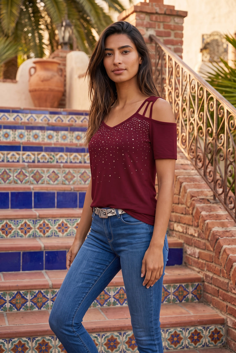 Burgundy Embellished V-Neck Short Sleeve Top – photo 4