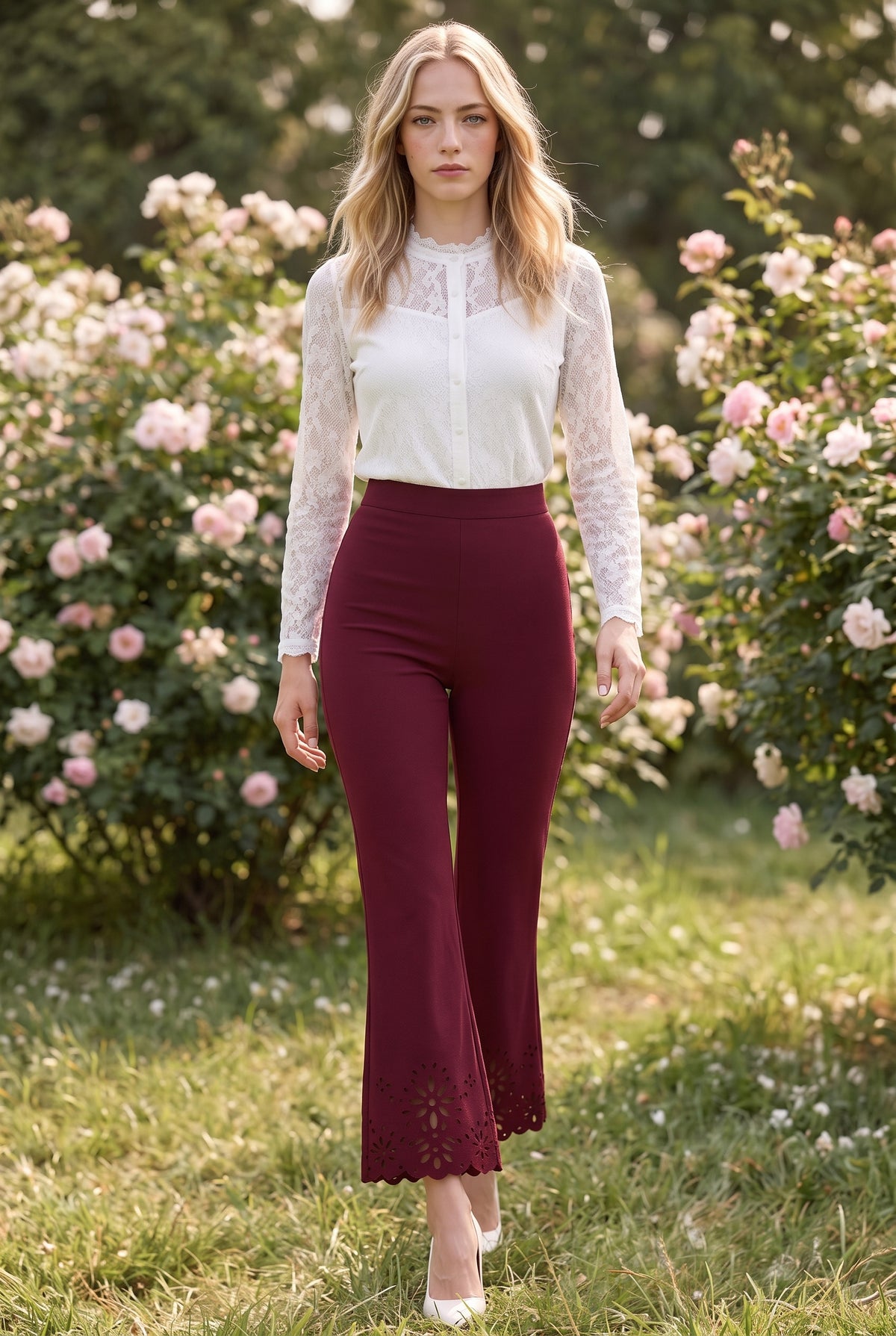 Pantalon Taille Haute en Crêpe à Ourlet Découpé, coloris bordeaux – photo 3