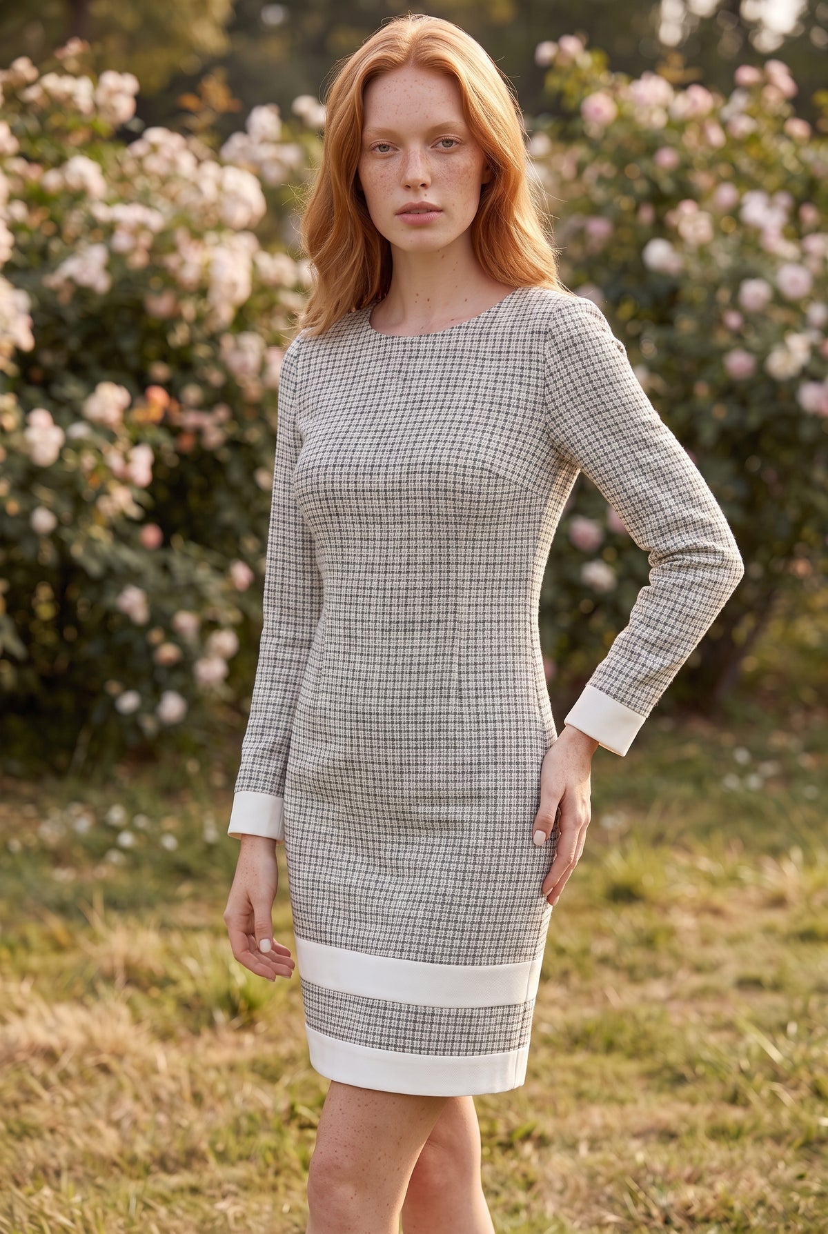 Robe mini à carreaux et manches longues, coloris blanc – photo 4