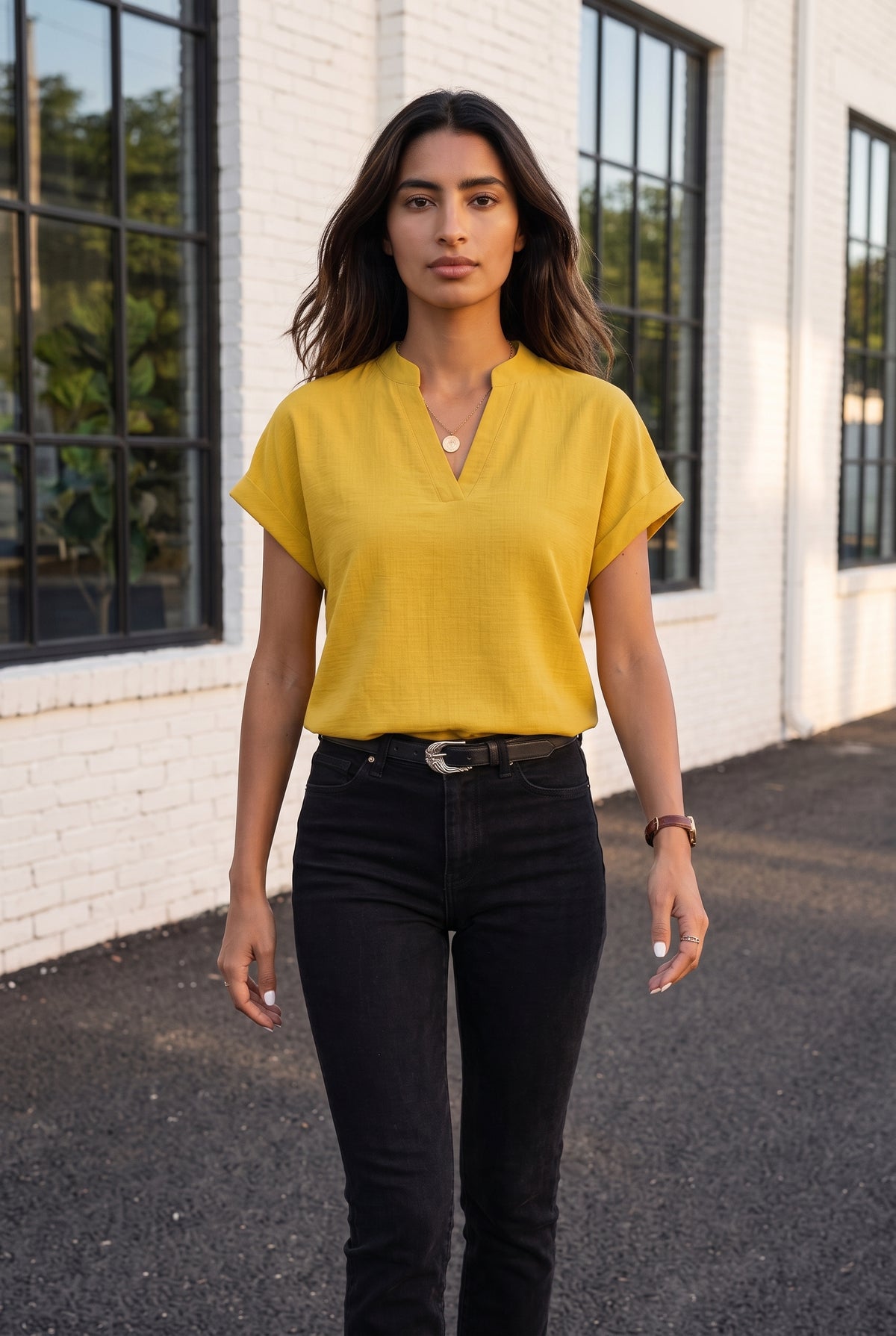 Blouse en lin à col mao et manches courtes, coloris jaune – photo 3