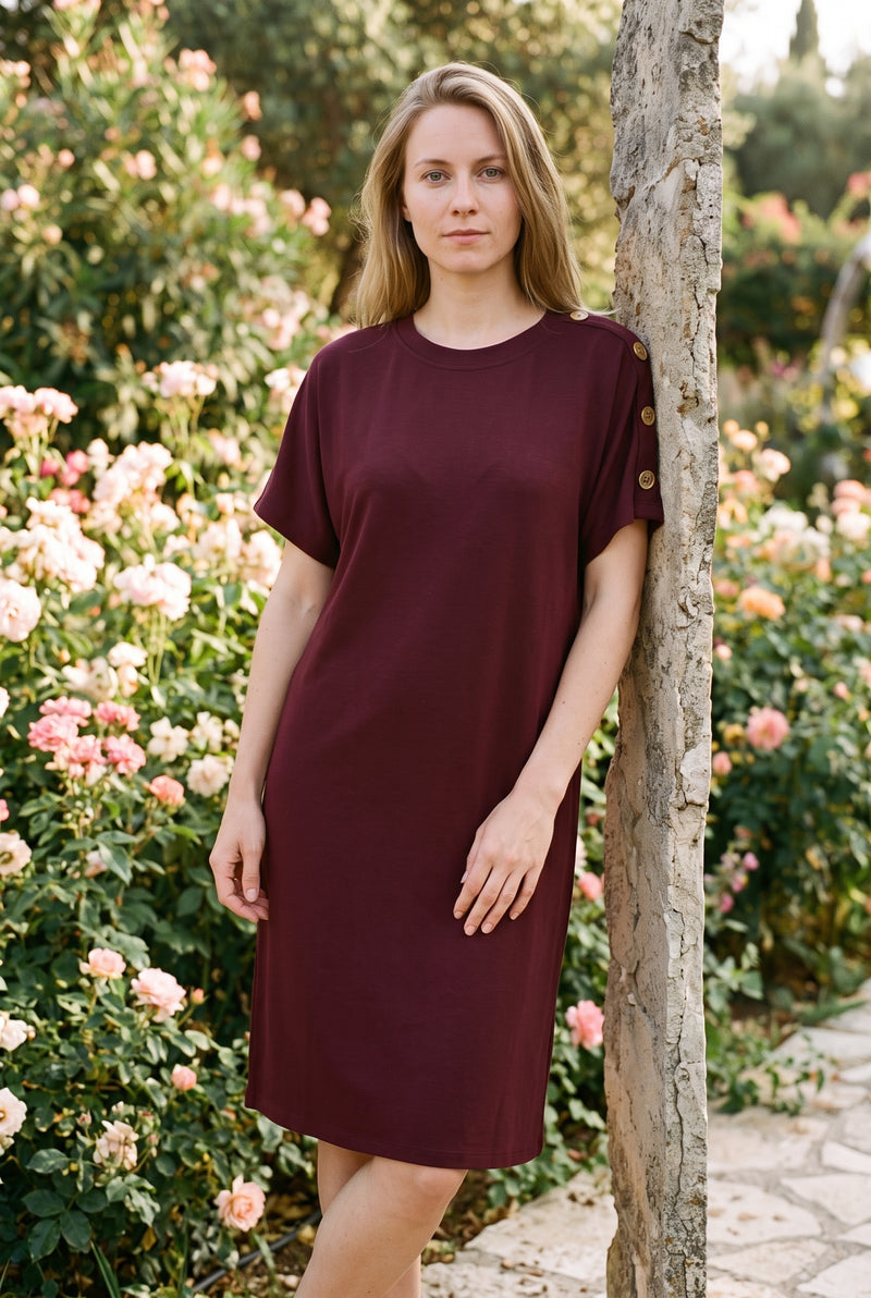 Short Sleeve Crew Neck Midi Dress with Shoulder Buttons in burgundy