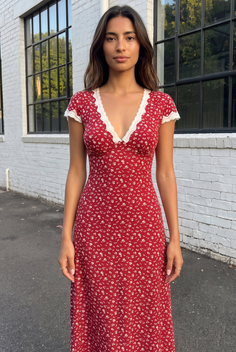 Floral V-Neck Short Sleeve Midi Dress with Lace Trim in red – photo 5