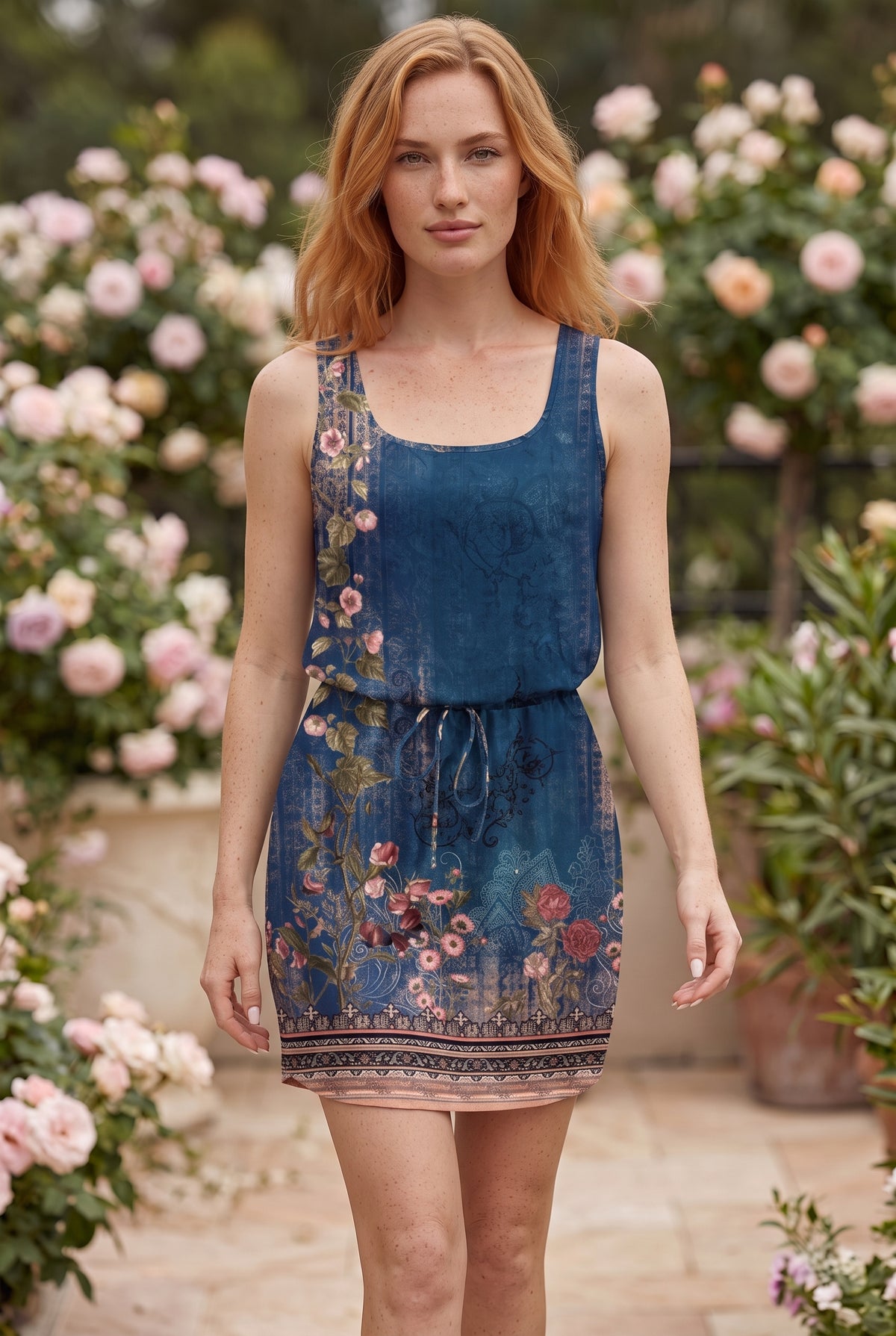 Robe Courte Sans Manches à Motif et Col Rond, coloris bleu marine – photo 3